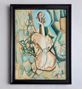 Vintage Mid Century Cubist Oil Painting Abstract Music Jazz Band Modern Signed - Picture 1 of 8