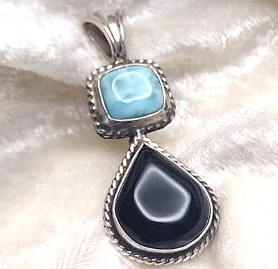 Larimar & Onyx Sterling Silver Pendant Made in US NWOT New Foto 1 de 3