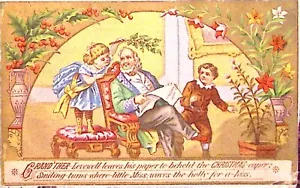 Antique Christmas Card Grandfather & Children Holly Flowers Nice Color - Picture 1 of 3
