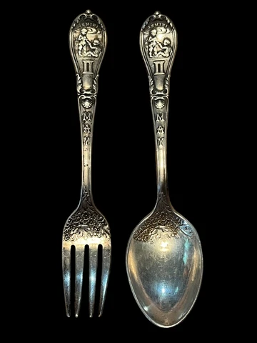 Gorham 1894 Sterling Silver GEMINI May Child's FORK & SPOON Zodiac 2 PIECE Set Cover