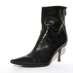 JIMMY CHOO Black Leather Pointed Toe Back Zip Classic Ankle Boots Booties IT 37 - Picture 1 of 12