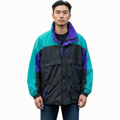 Columbia Vintage Ski Jacket XL Teal Purple Black Radial Sleeve Retro 90s Coat - Image 1 of 4