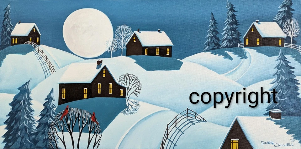 Pintura Arte Popular Original Invierno Nieve Paisaje Cardenal Pájaros Granja 12"X 24"  Foto 1 de 2