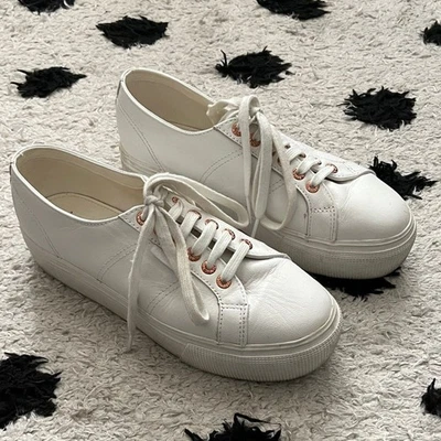 Superga size 6.5 woman's white platform sneakers lace up shoes rose gold eyelets - Image 1 of 4
