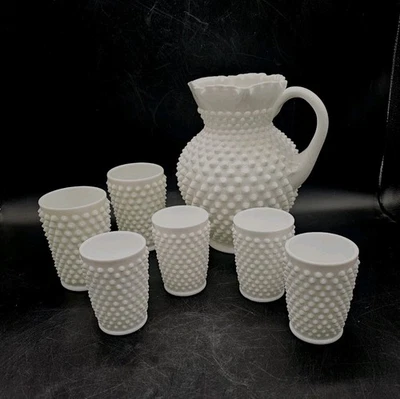 Fenton Hobnail Milk Glass Ruffled Pitcher & 6 Tumblers - Image 1 of 4