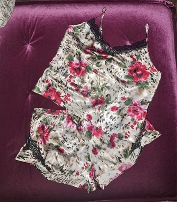 Secret Treasures Satin Pajama Set XL 16-18 Cami Shorts White Pink Floral Lace - Image 1 of 4