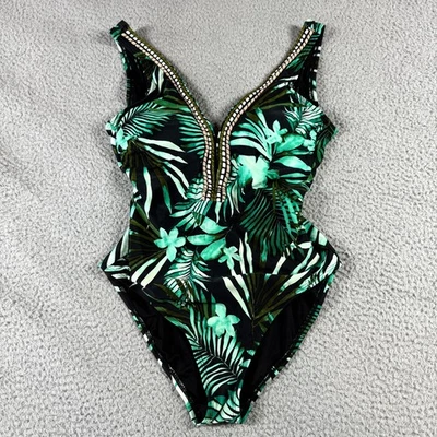 Traje de baño Jantzen para mujer bordado cuello alto de una pieza negro verde talla 8 Foto 1 de 4
