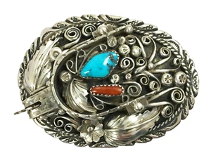 Vintage Harry B Yazzie Navajo Sterling Silver Turquoise & Coral Belt Buckle, 42g - Picture 1 of 10