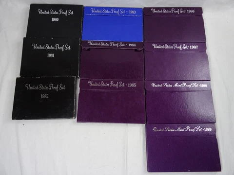 1980-1989 Lot of 10 US Mint Proof Sets 52 Coins OGP Ten Complete Sets Box & COA Cover