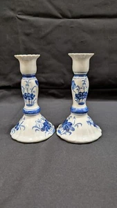 Vintage Andrea by Sadek Set of 2 Thai Blue and White Ceramic Candle Sticks 7" - Picture 1 of 9