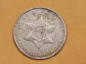 1853 P THREE CENT SILVER PIECE AU SCARCER DATE POPULAR TYPE COIN - Picture 1 of 2
