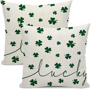 St.Patrick's Day Pillow Covers 18x18 Set of 2 Green Lucky Shamrock Clover Throw - Picture 1 of 7