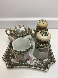 Nippon Floral Salt Pepper Shaker Toothpick Holder Tray Condiment Set Vtg - Picture 1 of 20