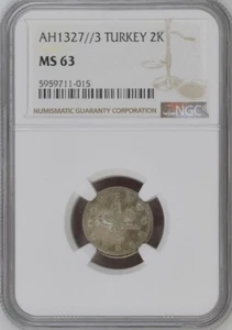 TURKEY - OTTOMAN , 2 KURUSH SULTAN MOHAMED V 1327/3 - NGC MS 63 , RAREF - Picture 1 of 2