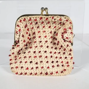 Vintage beige gestrickt gehäkelt rot perlen Münzbörse Kuss Lock Schlüsselanhänger klein - Bild 1 von 14