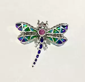 Sterling Silver Plique a Jour Art Deco Ruby Marcasite Dragonfly Brooch Lapel Pin - Picture 1 of 4
