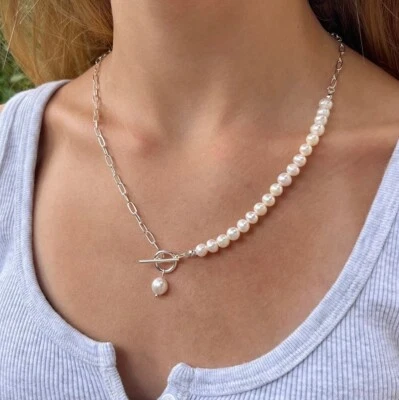 Collar de plata con colgante de perlas de agua dulce real con clip de palanca cadena de eslabones para mujer Foto 1 de 4