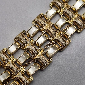 Vintage Damascene Bracelet Moonglow Lucite MOP Thermoset Wide 3 Row Gold Tone 7” - Picture 1 of 9