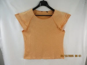 T-shirt maglietta senza etichette taglia L/M 100% cotone pesca-arancio reglan svasata manica a strati - Foto 1 di 13