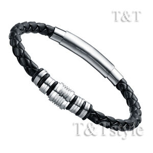 Top Quality T&T Black Leather 316L Stainless Steel Bead Bangle (BR78)