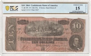 Confederate 1864 $10 T-68 PF-39 Note PCGS Fine 15 Details - Picture 1 of 2