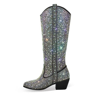 Womens Western Cowboy Boots Rhinestone Glitter Chunky Heel Knee High Boots Shoes - Picture 1 of 42