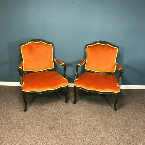 Pair of Antique Well Carved French Louis XV Style Armchairs Cover