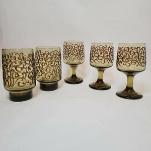 Libbey Glass Prado (3) 6oz Wine Goblet (2) 10oz tumbler Brown Scroll Tawny Swirl - Picture 1 of 11