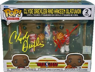Clyde Drexler  Hakeem Olajuwon Signed Autographed Funko POP 2 JSA Yellow/RED - Image 1 of 3