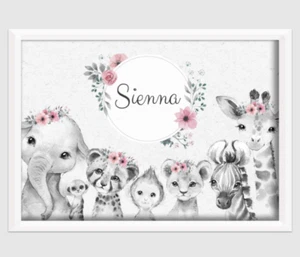 pink flower print safari animals girl nursery pink gift baby birth wall personal - Picture 1 of 1