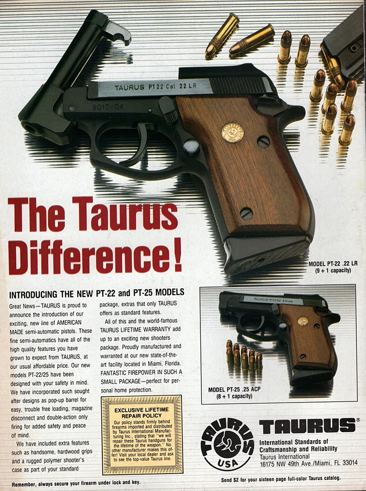 Pistola Taurus Modelo PT-22 1993 22LR y PT-25 25 ACP Anuncio impreso en color original Foto 1 de 1