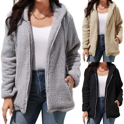 New Womens Fleece Jackets Solid Zip Up Coats Long Sleeve Fuzzy Hooded Jacket - Image 1 of 4
