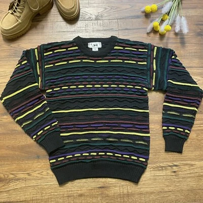 Suéter Pullover Marca Jed Vintage Años 90 Estilo Coogi Rayas Negras 16/18 S Foto 1 de 4