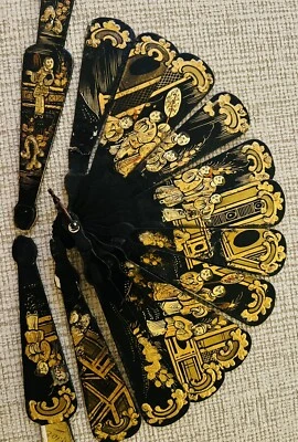 Antiguo abanico chino de madera pintado a mano de laca dorada (roto) COMO ESTÁ Foto 1 de 4