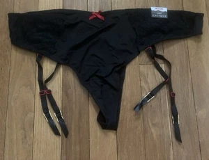 Plus Size 18/20 Lane Bryant Cacique Thong Garter Panty Black Sexy Lace Red Bow - Picture 1 of 7