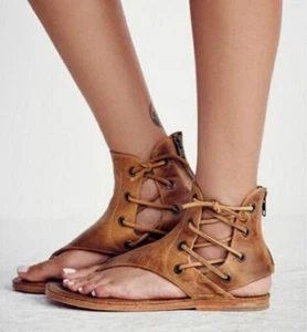 Womens Roman Gladiator Flats Sandals Clip Toe Fashion Lace Up Sandal Shoes Retro - Picture 1 of 9
