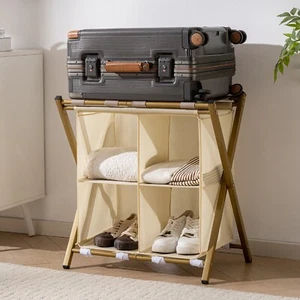 Luggage Rack, Suitcase Stand Holder with fabric storage cube, Gold&White - Picture 1 of 7