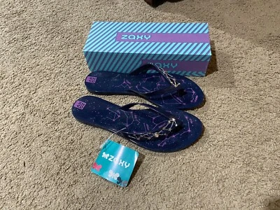 Zaxy Mystic Navy Glitter Women’s Flip Flop Sandal Size 9 Zodiac Stars In Box - Image 1 of 4