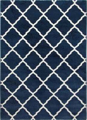 Navy Rug Runner Classic Trellis Lattice Design Blue White 12 mm Soft Pile - Image 1 of 4
