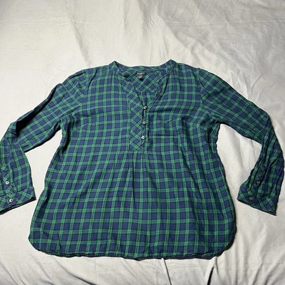 Talbots Top Womens Large Petite Lp Green Blue Plaid Button Popover Holiday Card  - Image 1 of 4