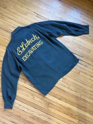 Vtg 40’s 50’s Bowling Shirt E, Lubick Excavating Chain stitch Work. Green - Image 1 of 4