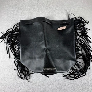 Victoria Secret Backpack Black Drawstring Bucket Bag Fringe Purse $85 MSRP - Picture 1 of 6