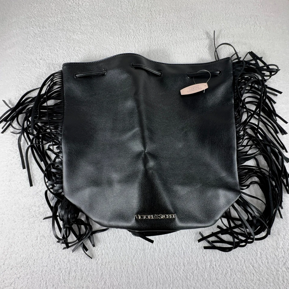 Victoria Secret Backpack Black Drawstring Bucket Bag Fringe Purse $85 MSRP - Image 1 of 4