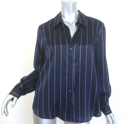 Блузка на пуговицах L'Agence Tyler в полоску темно-синяя/сиреневая шелковая атласная размер средний - Изображение 1 из 4