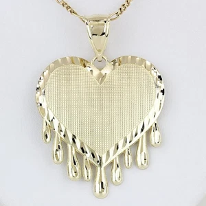 10K Yellow Gold Dripping Heart Pendant Bloody Valentine Charm Textured Engraved - Picture 1 of 6