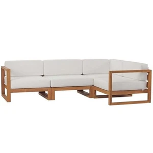 Modway Upland 4-Piece Solid Teak Wood Patio Sectional Sofa in Natural and White - Picture 1 of 14