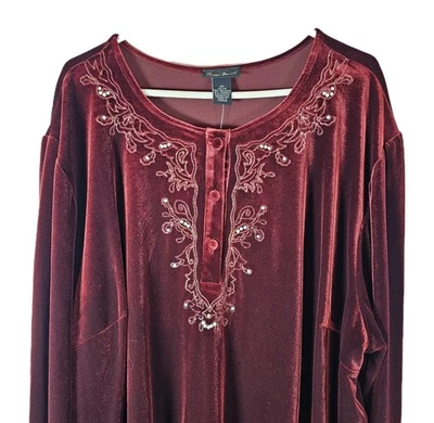 NWT Maggie Barnes Tunic Blouse 3X Velvet Embroidered Stretch Sequin Oxblood  - Image 1 of 4