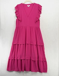 Entro Dress Women M Pink Midi Tiered Ruffle Sleeve V-Neck Lined Boho D19611 - Picture 1 of 12