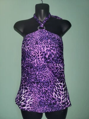 TRAJE DE BAÑO TANKINI HALTER ESTAMPADO GUEPARDO NEGRO PÚRPURA DANA BUCHMAN TALLA 10 Foto 1 de 4
