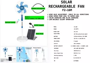16" INCH RECHARGEABLE SOLAR PEDESTAL FAN WITH REMOTE CONTROL - Picture 1 of 2